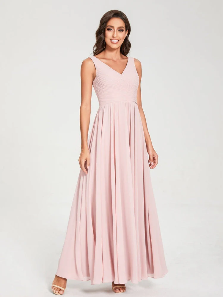 A-Line/Princess Chiffon V-Neck Sleeveless Floor-Length Bridemaid Dresses With Pleats - Image 5