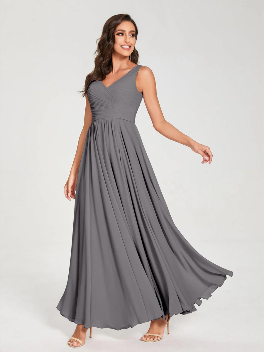 A-Line/Princess Chiffon V-Neck Sleeveless Floor-Length Bridemaid Dresses With Pleats - Image 75