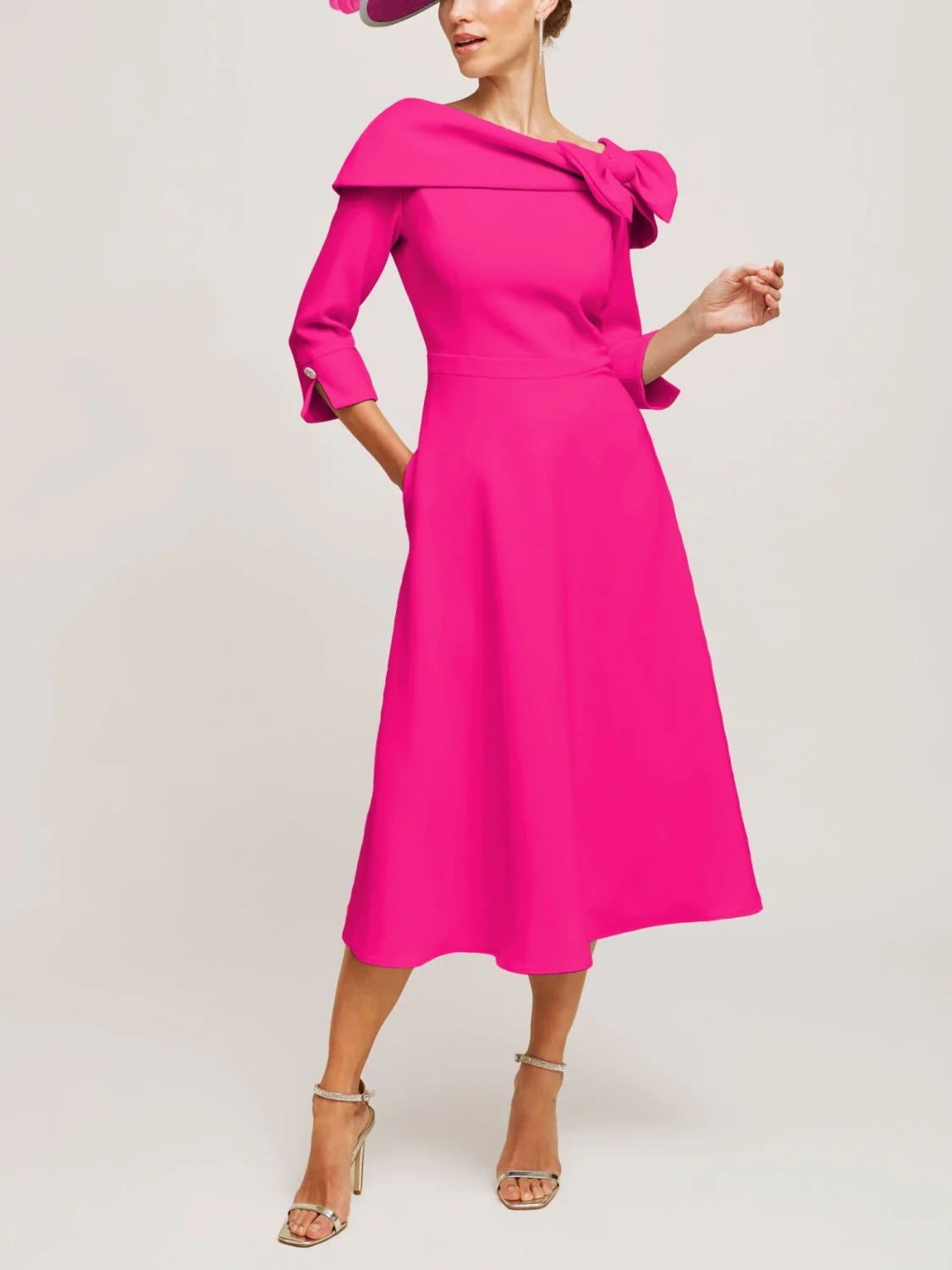 A-Line/Princess Cowl Neck 3/4 Sleeves Tea-Length Elegant Mother of the Bride & Groom Dresses with Bowknot - Image 2