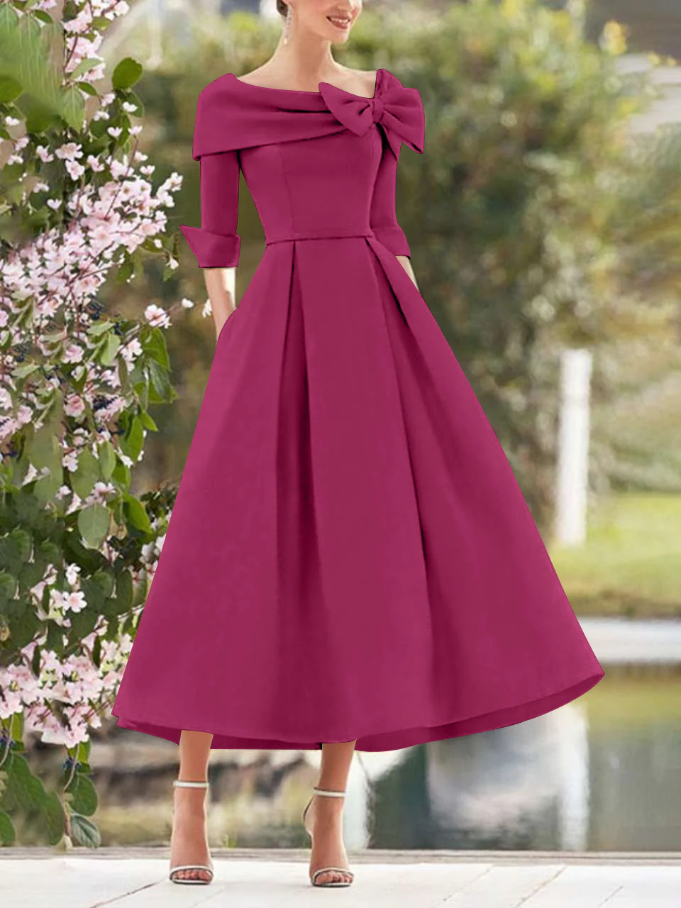 A-Line/Princess Cowl Neck Bow(s) 3/4 Sleeves Tea Length Elegant Mother of the Bride & Groom Dresses - Image 14