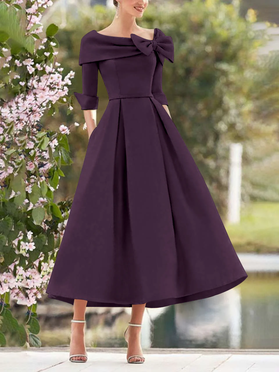 A-Line/Princess Cowl Neck Bow(s) 3/4 Sleeves Tea Length Elegant Mother of the Bride & Groom Dresses - Image 16