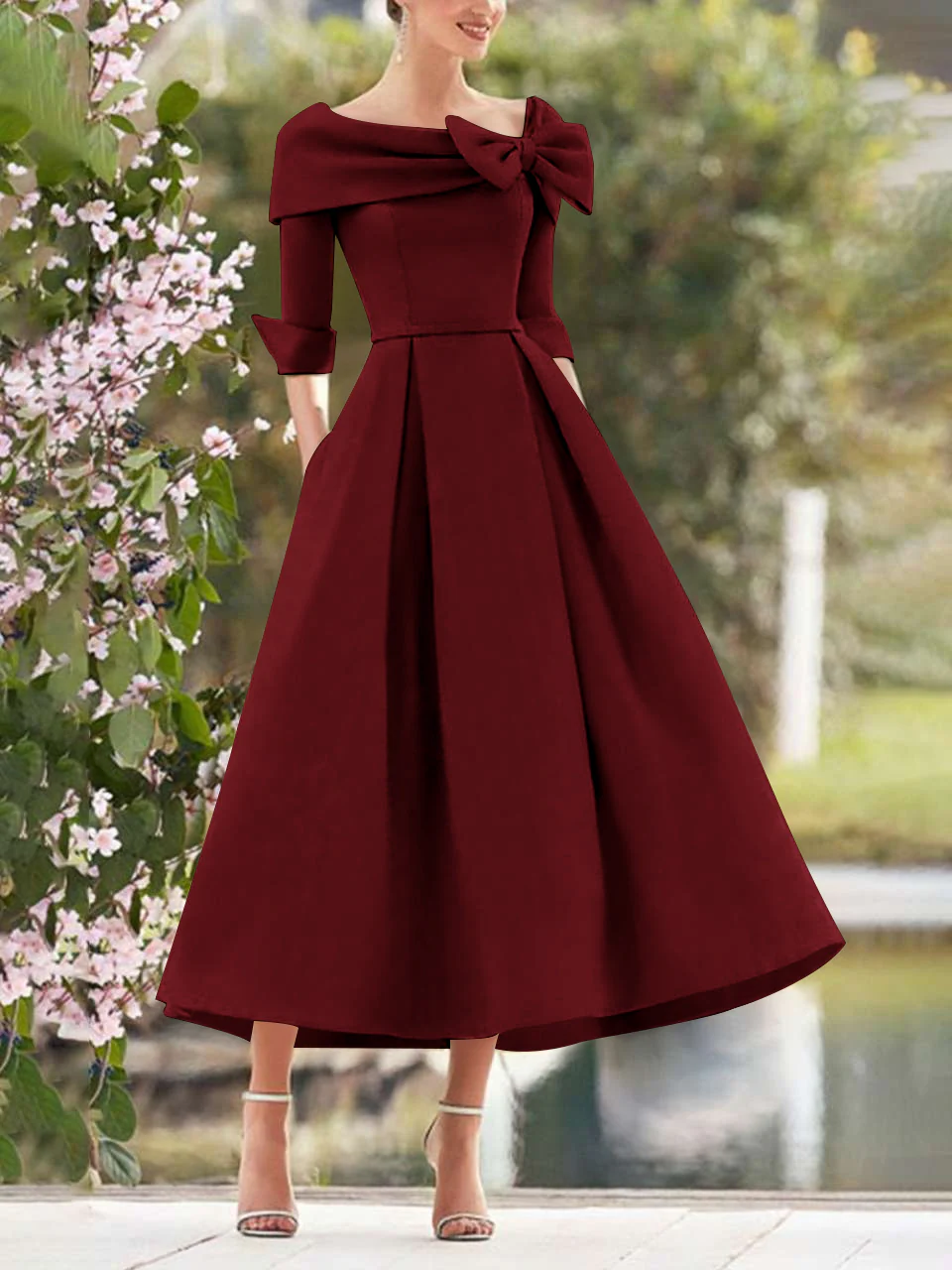 A-Line/Princess Cowl Neck Bow(s) 3/4 Sleeves Tea Length Elegant Mother of the Bride & Groom Dresses - Image 21