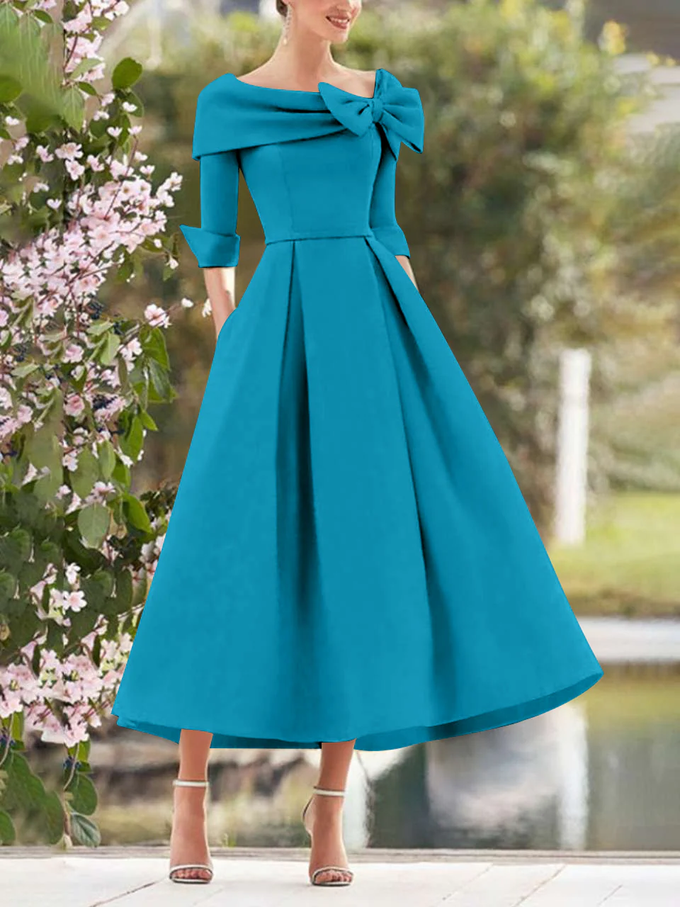 A-Line/Princess Cowl Neck Bow(s) 3/4 Sleeves Tea Length Elegant Mother of the Bride & Groom Dresses - Image 27