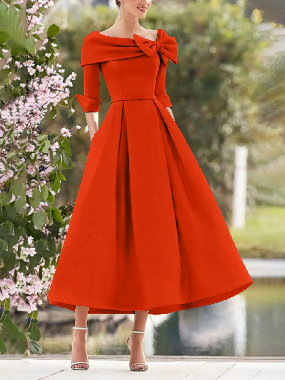 A-Line/Princess Cowl Neck Bow(s) 3/4 Sleeves Tea Length Elegant Mother of the Bride & Groom Dresses - Image 30