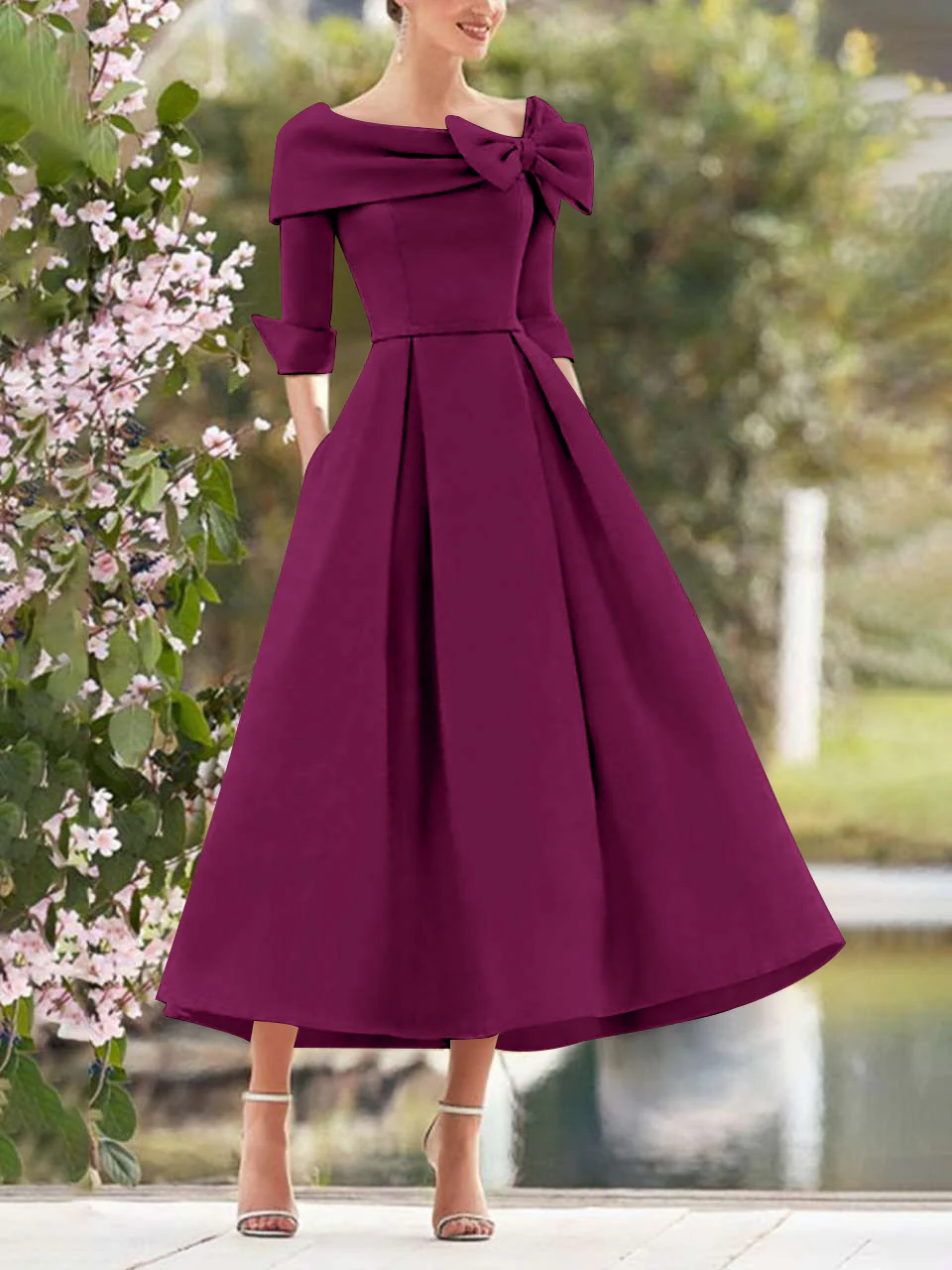 A-Line/Princess Cowl Neck Bow(s) 3/4 Sleeves Tea Length Elegant Mother of the Bride & Groom Dresses - Image 31