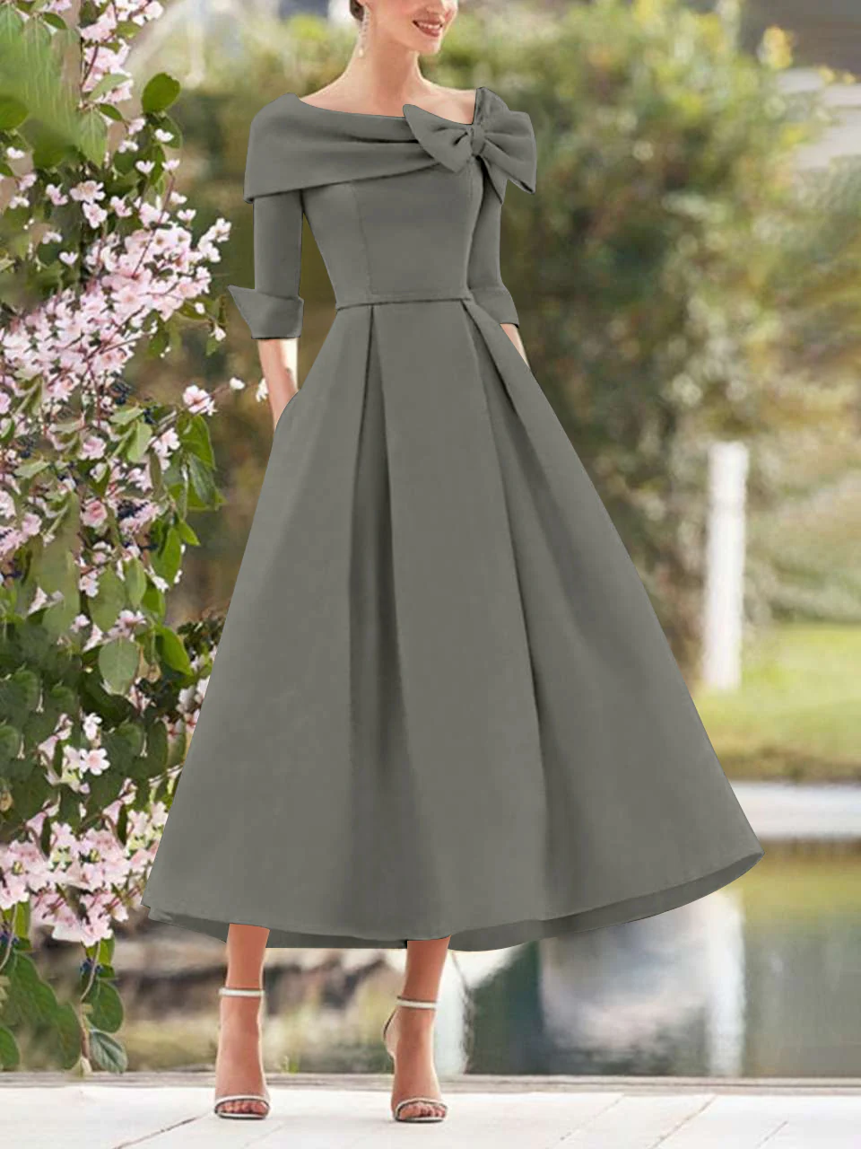 A-Line/Princess Cowl Neck Bow(s) 3/4 Sleeves Tea Length Elegant Mother of the Bride & Groom Dresses - Image 40