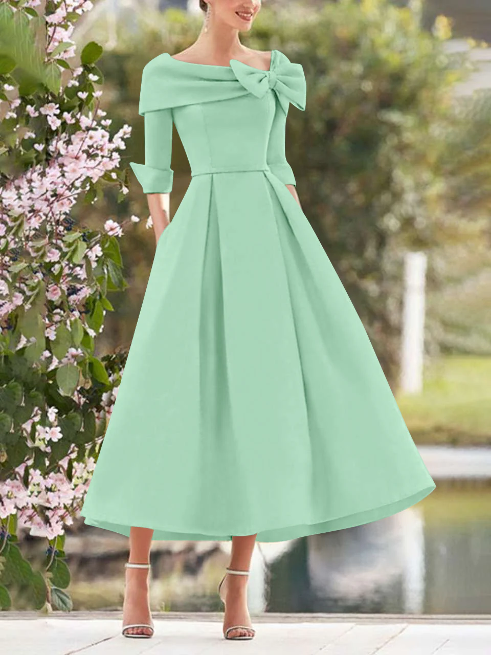 A-Line/Princess Cowl Neck Bow(s) 3/4 Sleeves Tea Length Elegant Mother of the Bride & Groom Dresses - Image 44