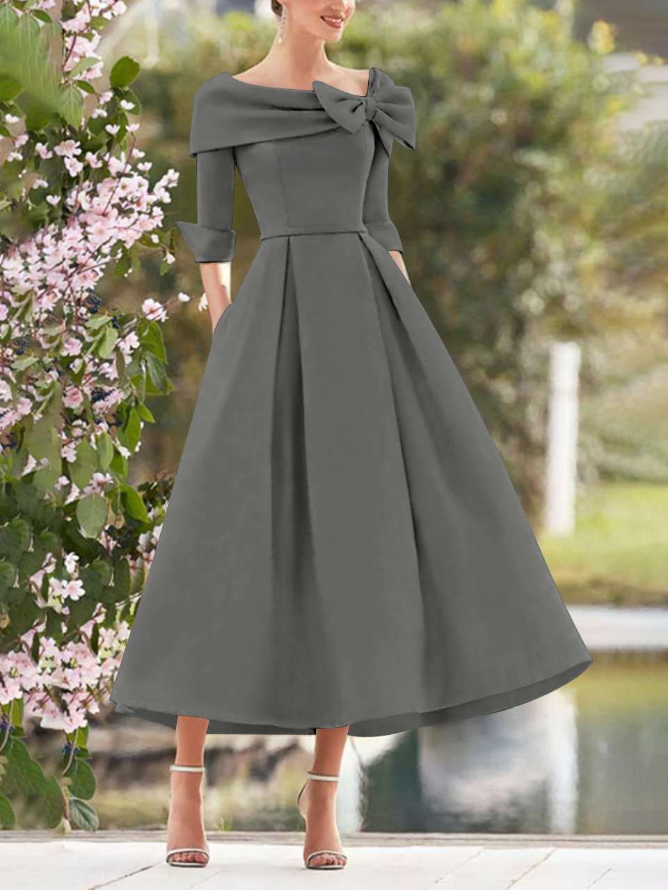 A-Line/Princess Cowl Neck Bow(s) 3/4 Sleeves Tea Length Elegant Mother of the Bride & Groom Dresses - Image 7