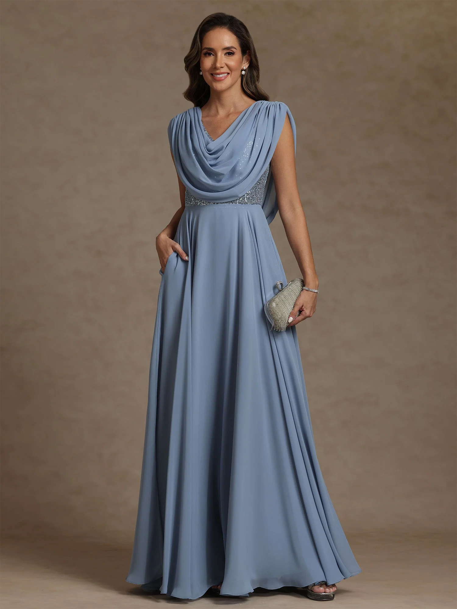 A-Line/Princess Cowl Neck Chiffon Mother of the Bride Dresses Floor-Length Sequins Sleeveless - Image 3