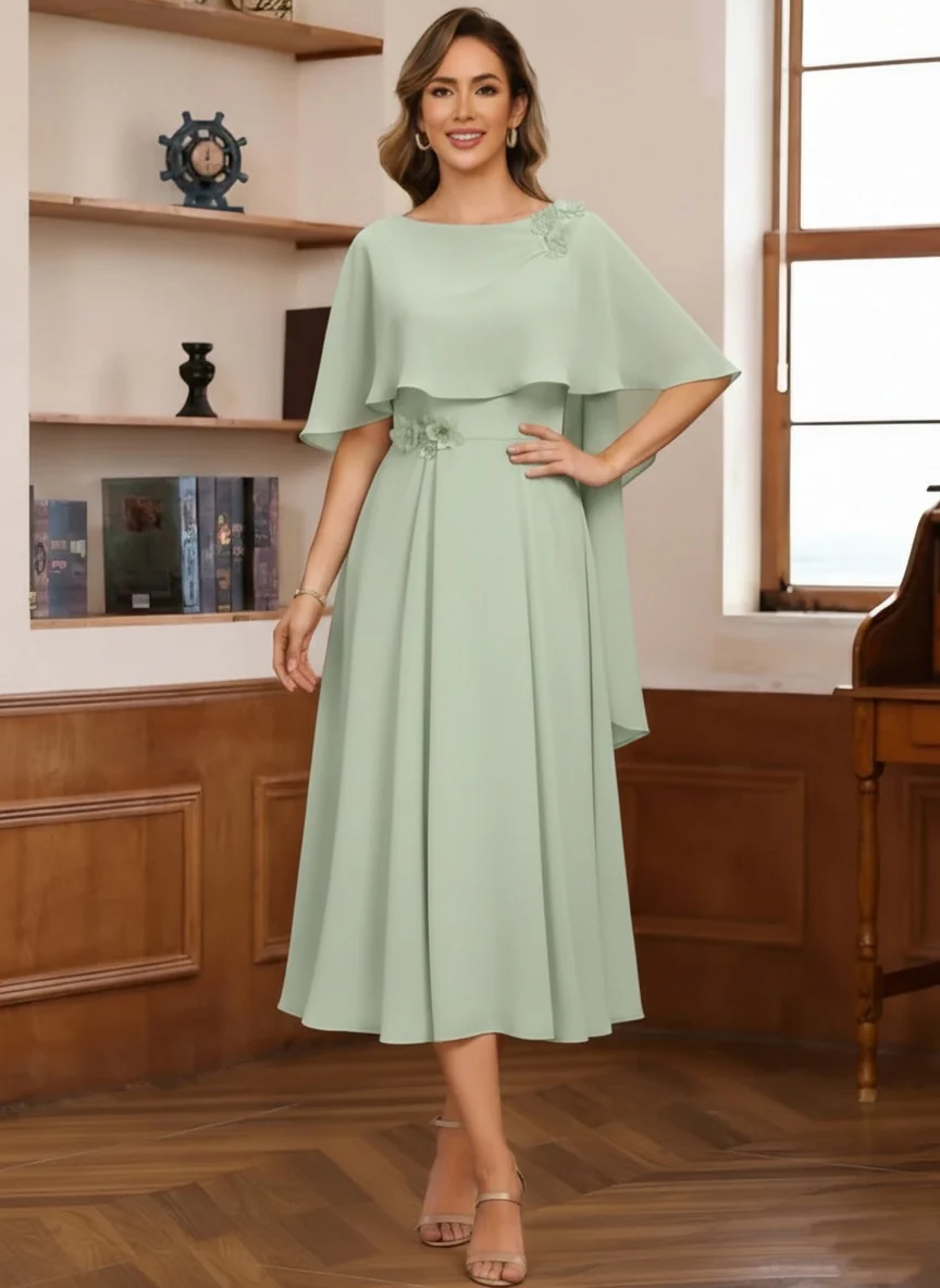 A-Line/Princess Cowl Neck Chiffon Mother of the Bride Dresses Tea-Length Pleated Cape Sleeves Beading - Image 5
