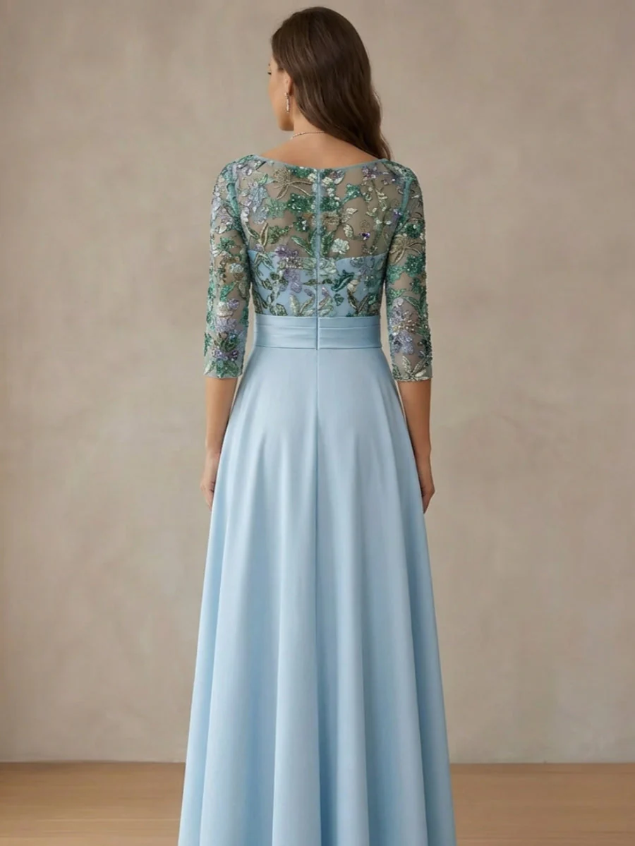 A-Line/Princess Cowl Neck Satin Mother of the Bride Dresses Lace Sequins Floral 3/4 Sleeves Tea-Length - Image 2