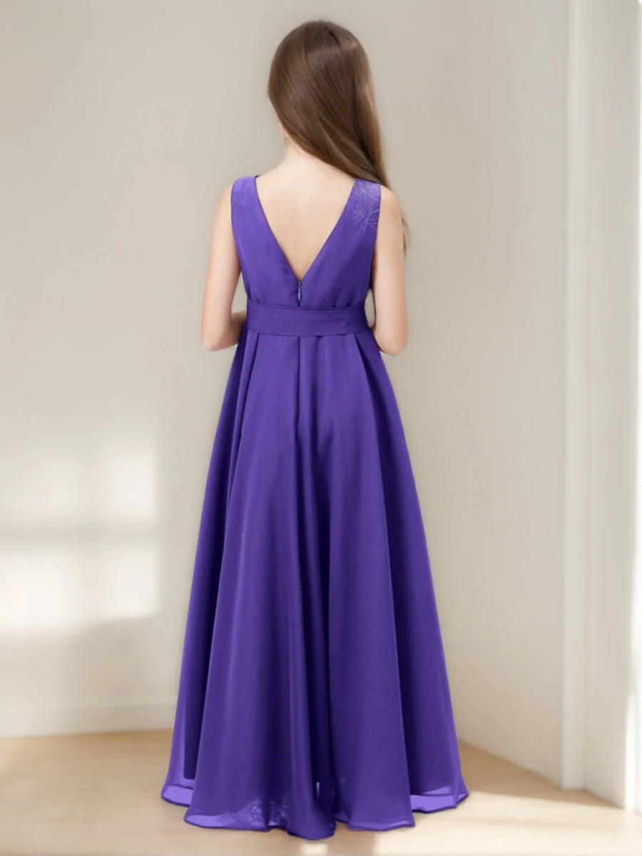 A-line/Princess Cowl Neck Sleeveless Asymmetrical Junior Bridesmaid Dress with Bowknot & Ruffles - Image 2