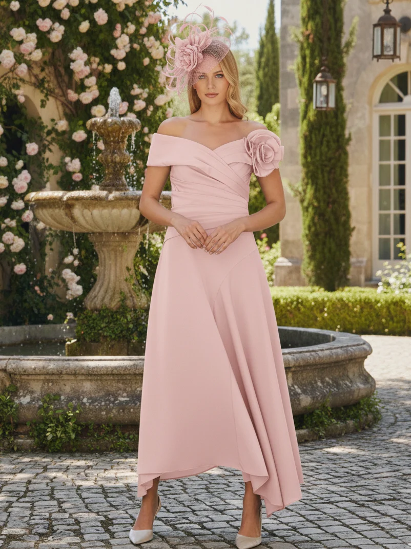 A-Line/Princess Criss Cross Mother of the Bride Dresses with Flower Chiffon Ankle-Length Short Sleevess - Image 3
