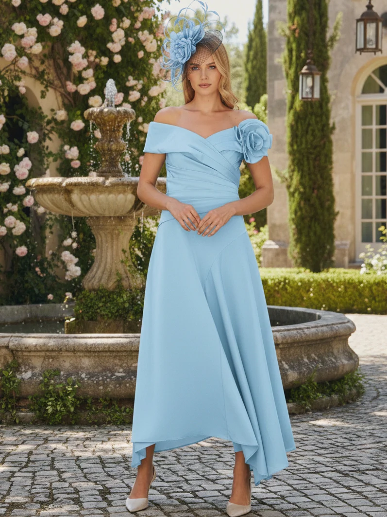 A-Line/Princess Criss Cross Mother of the Bride Dresses with Flower Chiffon Ankle-Length Short Sleevess - Image 5