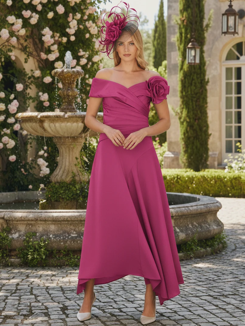 A-Line/Princess Criss Cross Mother of the Bride Dresses with Flower Chiffon Ankle-Length Short Sleevess - Image 7