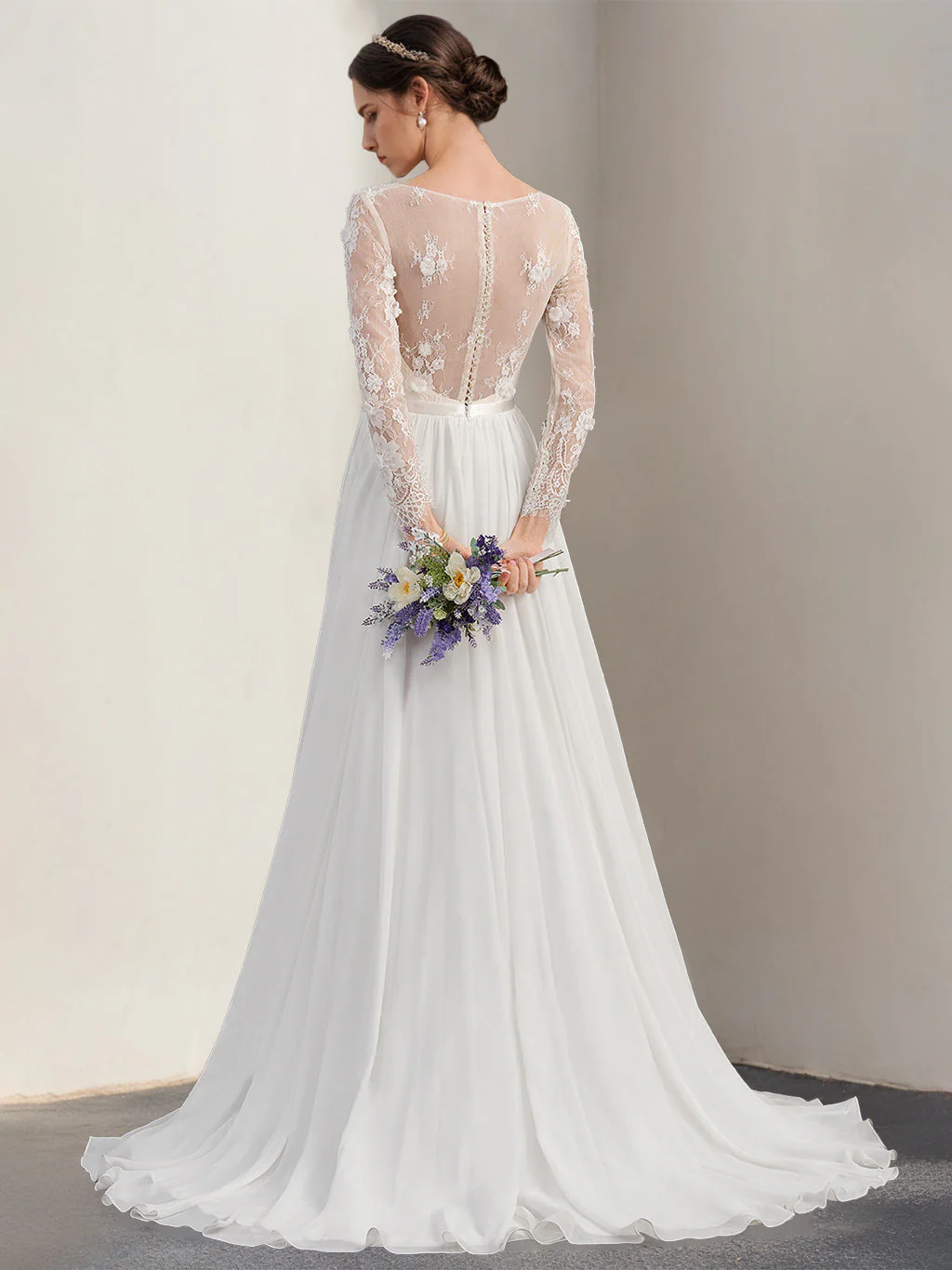 A-Line/Princess Deep V-Neck Long Sleeves Floor-Length Unique Wedding Dress with Lace Appliques - Image 2