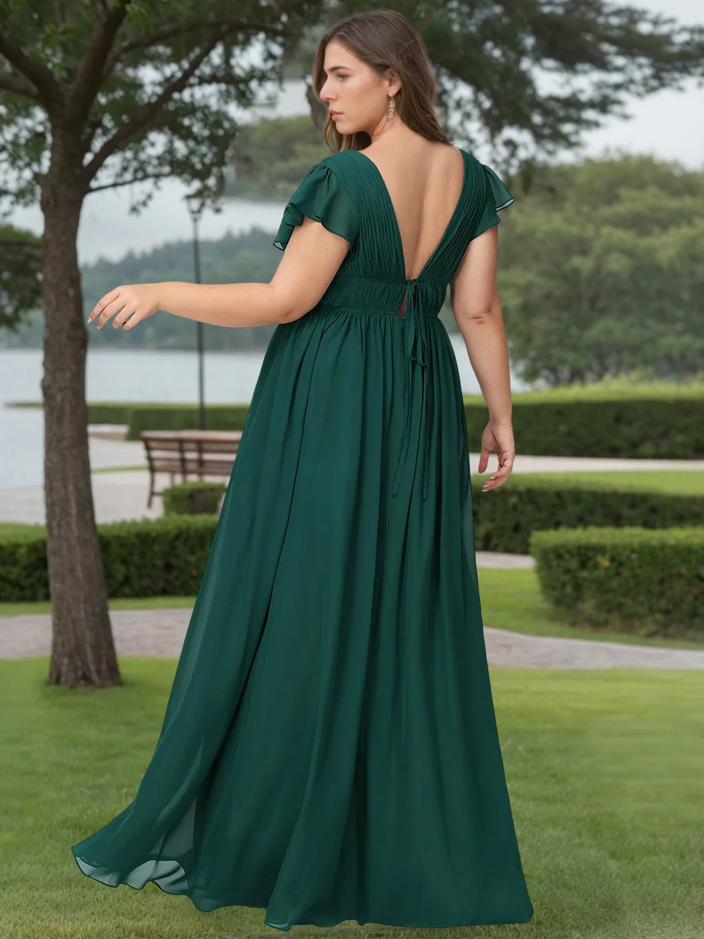 A Line/Princess Deep V-Neck Short Sleeves Floor-Length Plus Size Bridesmaid Dresses with Split Side - Image 2