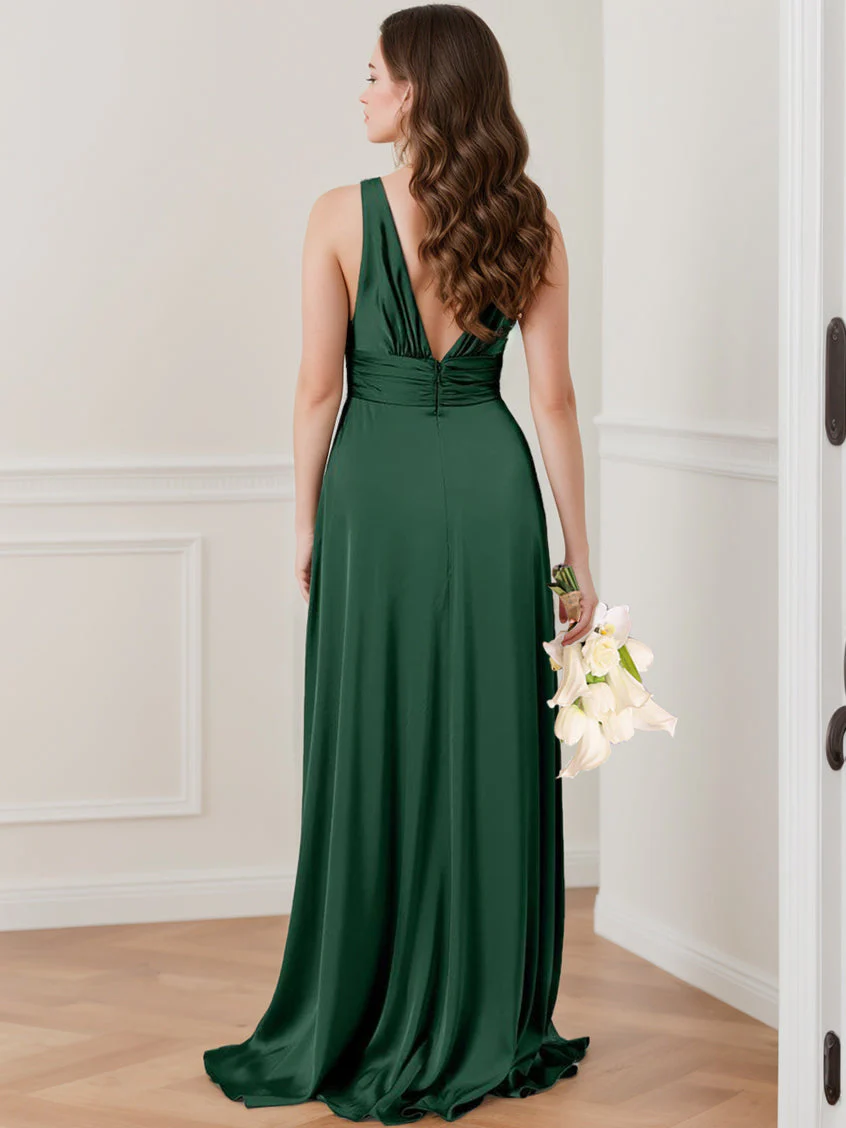 A Line/Princess Deep V-Neck Sleeveless Floor-Length Bridesmaid Dresses with Ruffles & Split Side - Image 2