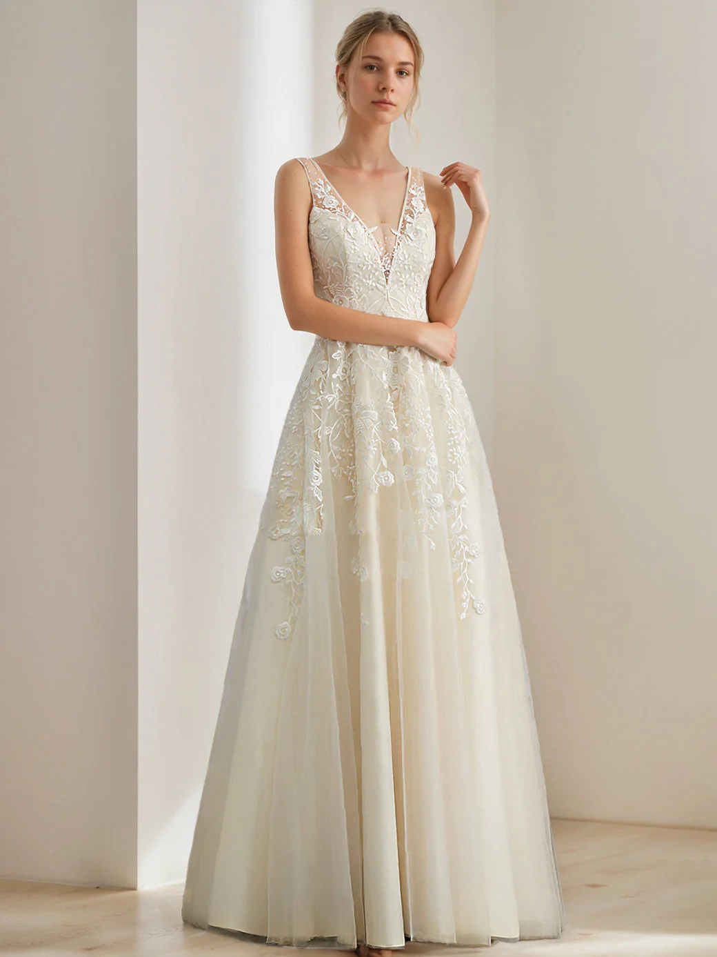 A-Line/Princess Deep V-Neck Sleeveless Floor-Length Long Wedding Dress with Appliques - Image 3
