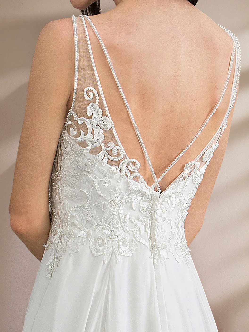 A-Line/Princess Deep V-Neck Sleeveless Floor-Length Unique Split Side Wedding Dress with Appliques & Lace - Image 4