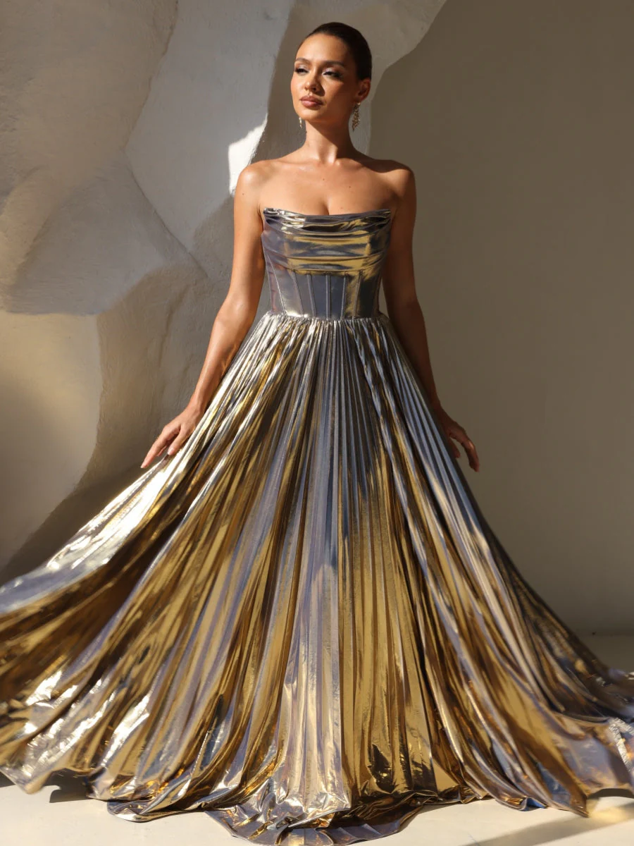 A-Line/Princess Evening Dress Strapless Formal Prom Long Pleated Dresses With Split Side - Image 2