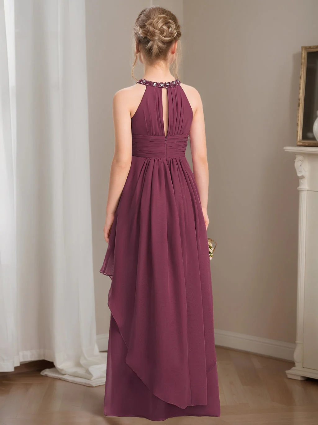 A-Line/Princess Halter Floor-Length Junior Girl Bridesmaid Dresses with Beadings - Image 2