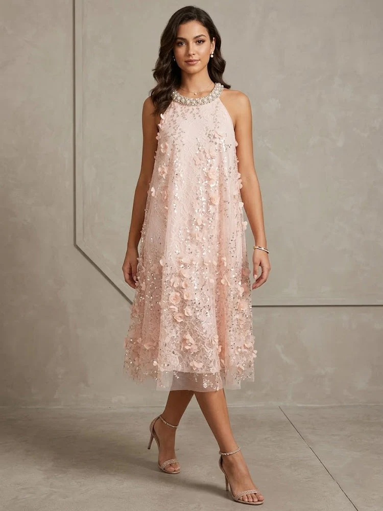 A-Line/Princess Halter Lace Wedding Guest Dresses Tea-Length Sleeveless With 3D Flowers - Image 2