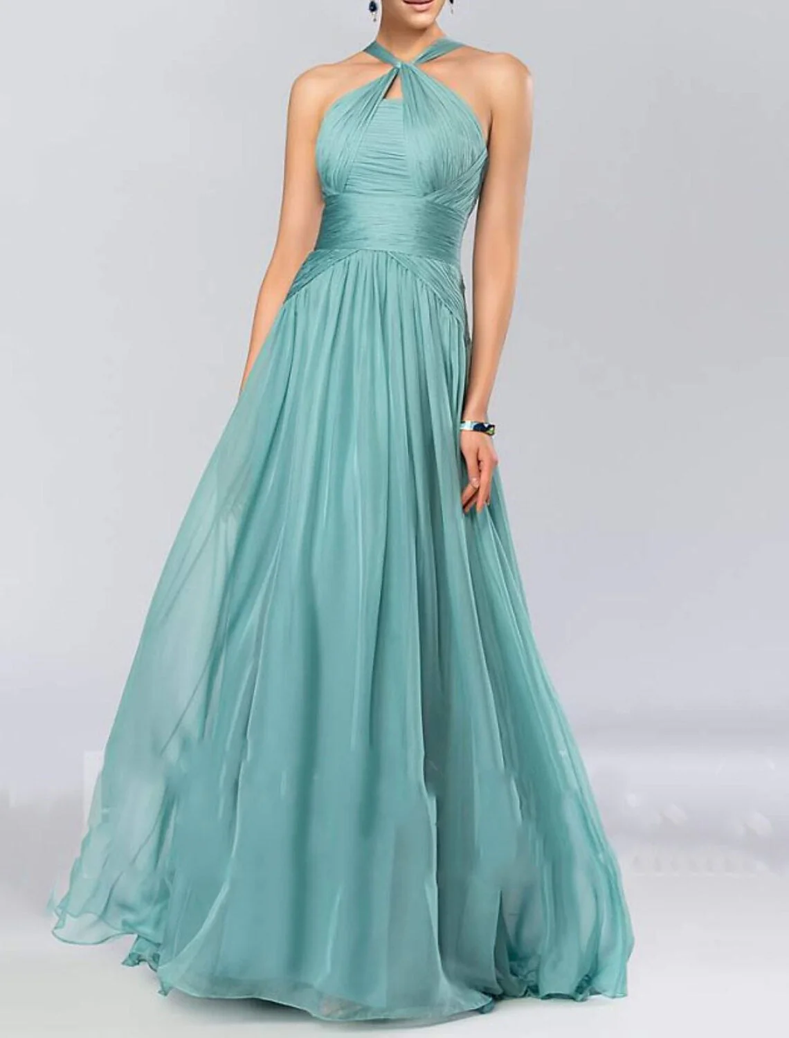 A Line/Princess Halter Neck Sleeveless Elegant Floor-Length Wedding Guest Dress