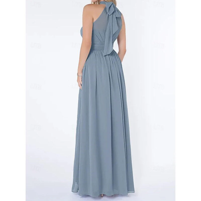 A Line/Princess Halter Neck Sleeveless Elegant Floor-Length Wedding Guest Dress