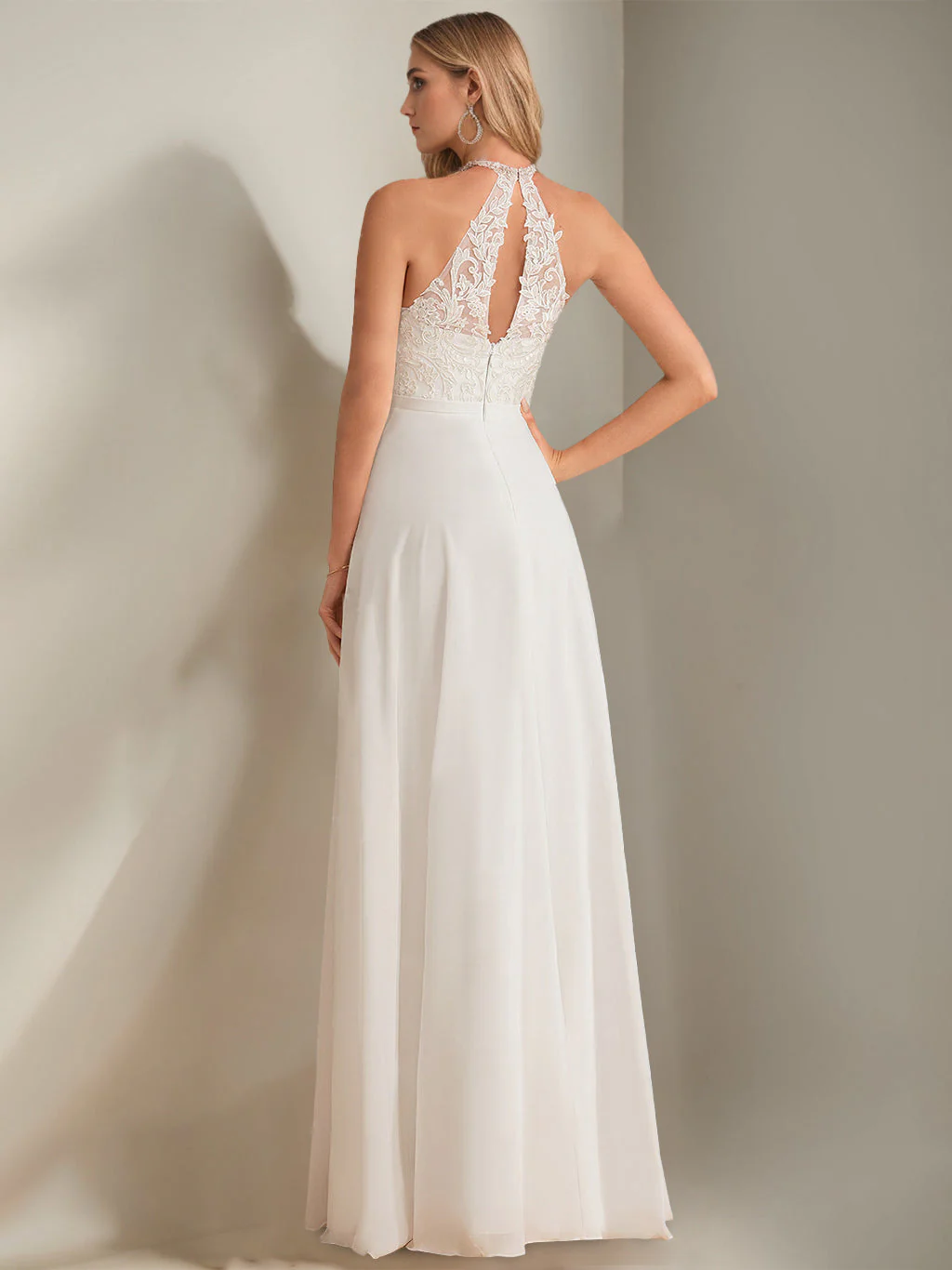 A Line/Princess Halter Neck Sleeveless Floor-Length Wedding Dress with Lace Appliques - Image 2