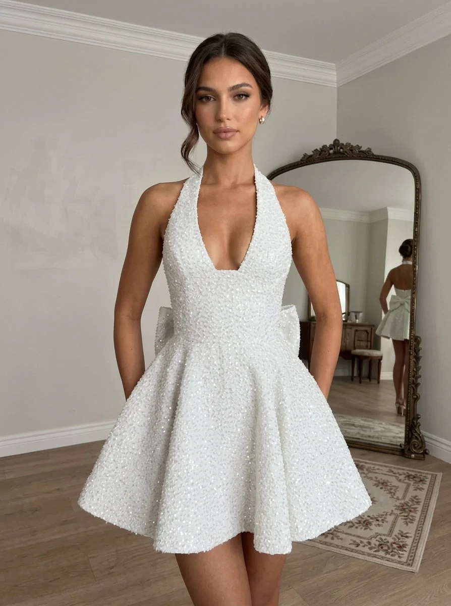 A-Line/Princess Halter Sequins Homecoming Dresses with Bowknot Short/Mini Sleeveless Glitter - Image 3