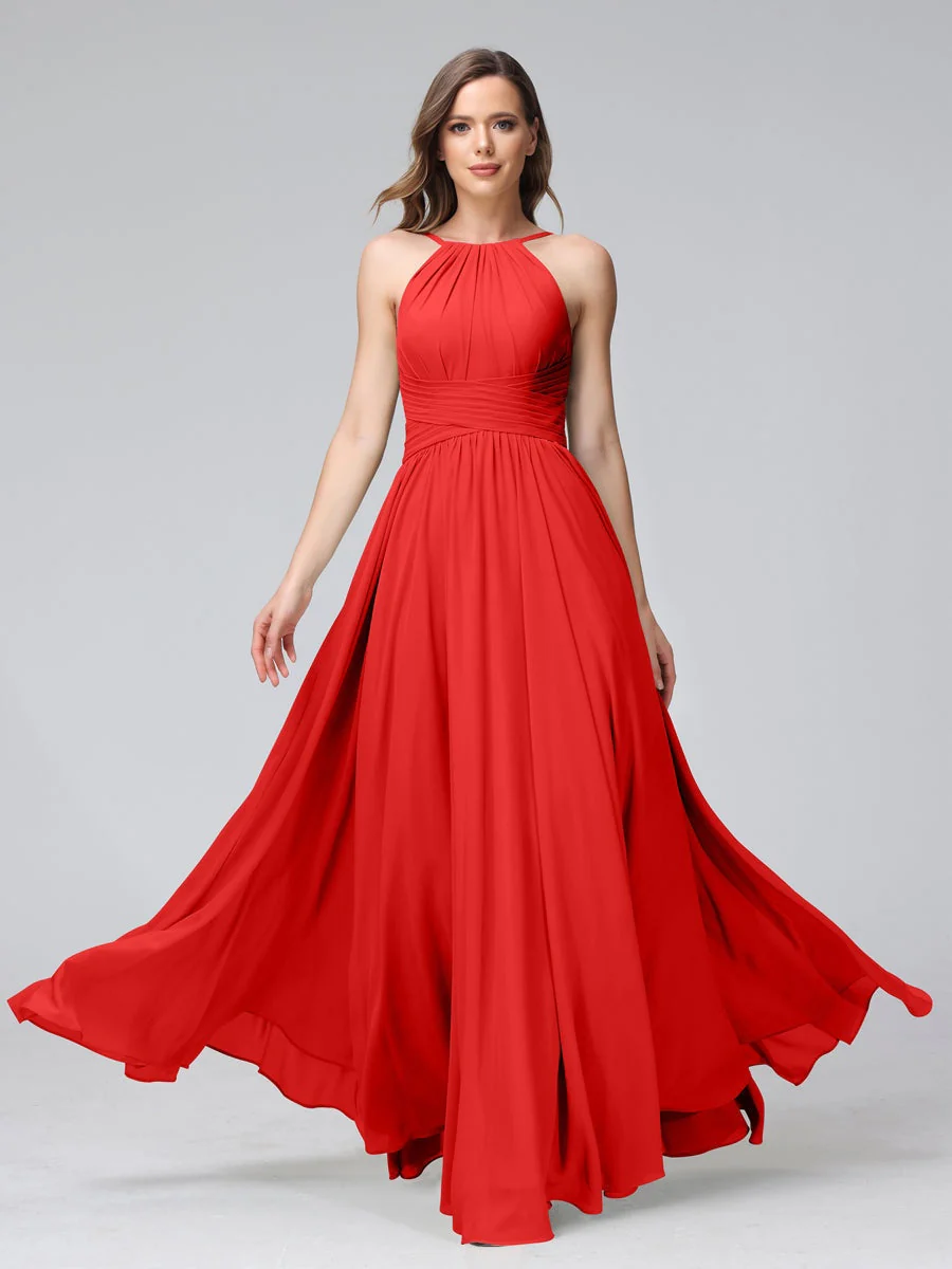 A-Line/Princess Halter Sleeveless Floor-Length Bridemaid Dresses with Ruffles - Image 36