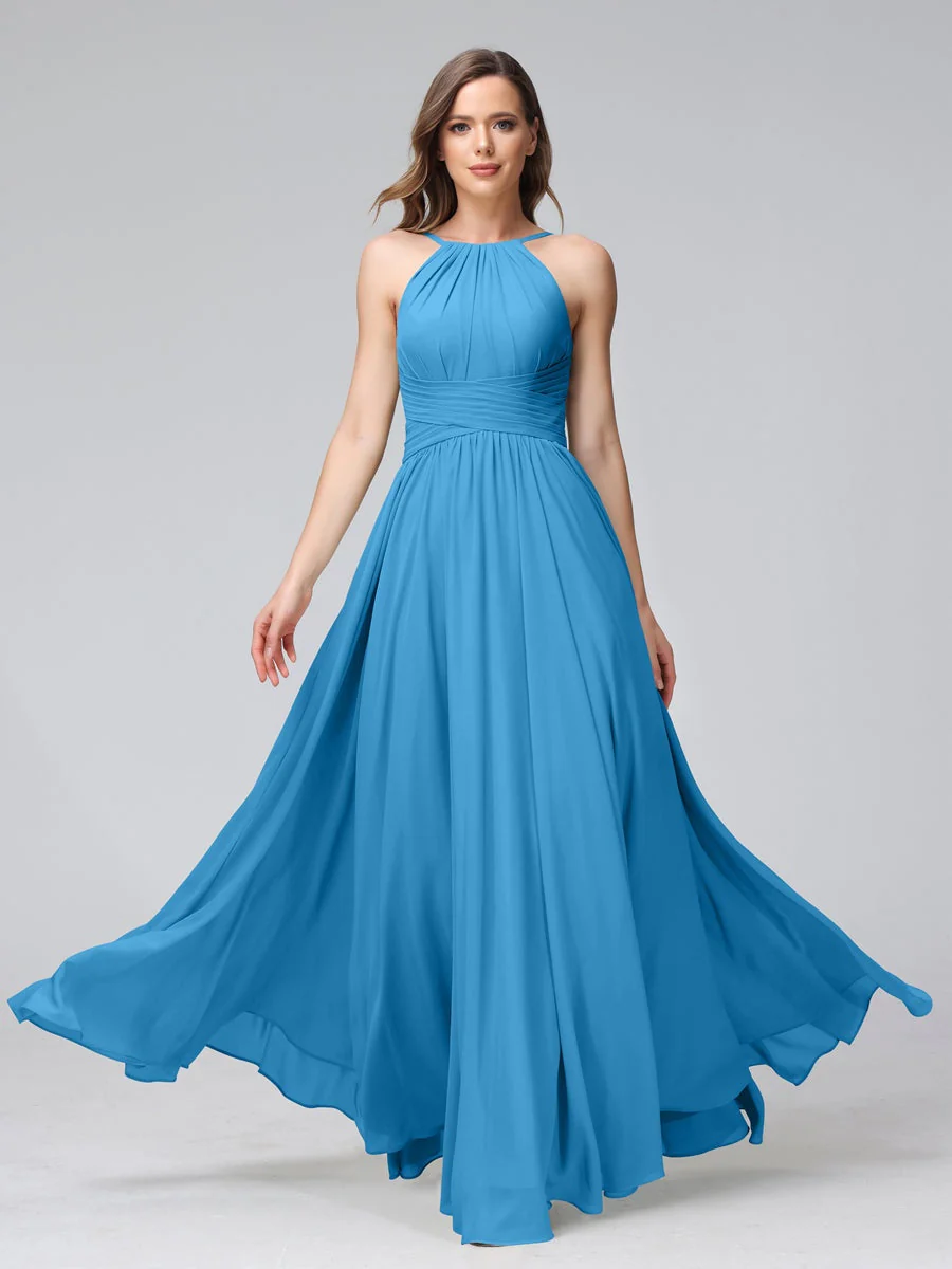 A-Line/Princess Halter Sleeveless Floor-Length Bridemaid Dresses with Ruffles - Image 53