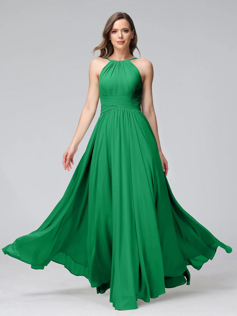 A-Line/Princess Halter Sleeveless Floor-Length Bridemaid Dresses with Ruffles - Image 64