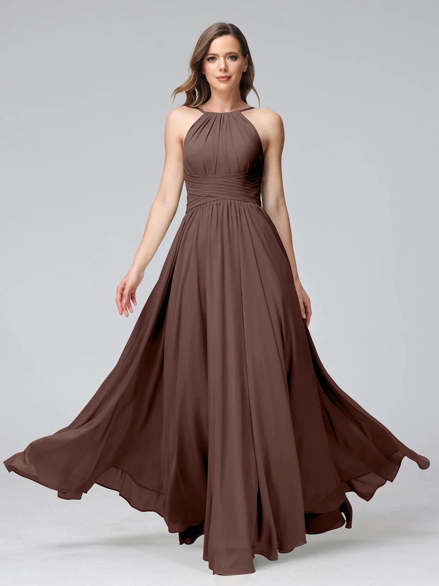 A-Line/Princess Halter Sleeveless Floor-Length Bridemaid Dresses with Ruffles - Image 76