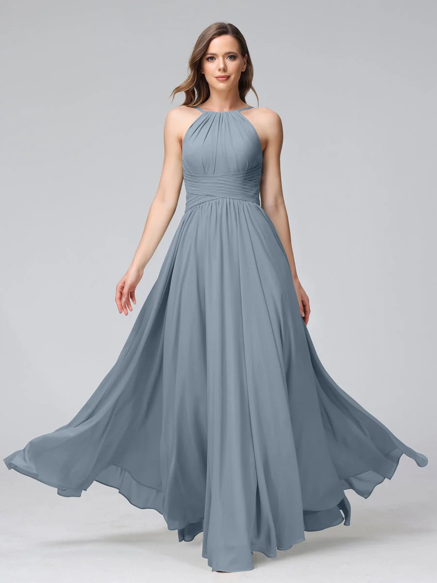A-Line/Princess Halter Sleeveless Floor-Length Bridemaid Dresses with Ruffles - Image 9
