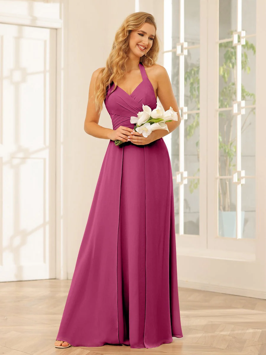 A-Line/Princess Halter Sleeveless Floor-Length Bridesmaid Dresses with Split Side - Image 36