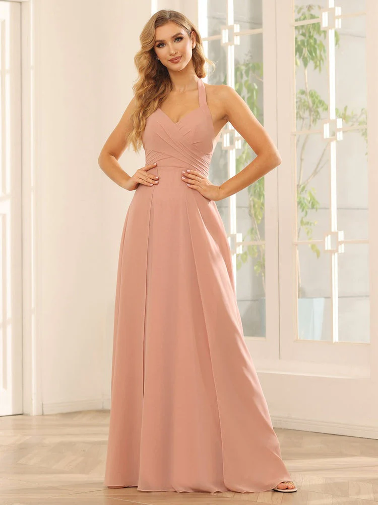A-Line/Princess Halter Sleeveless Floor-Length Bridesmaid Dresses with Split Side - Image 5