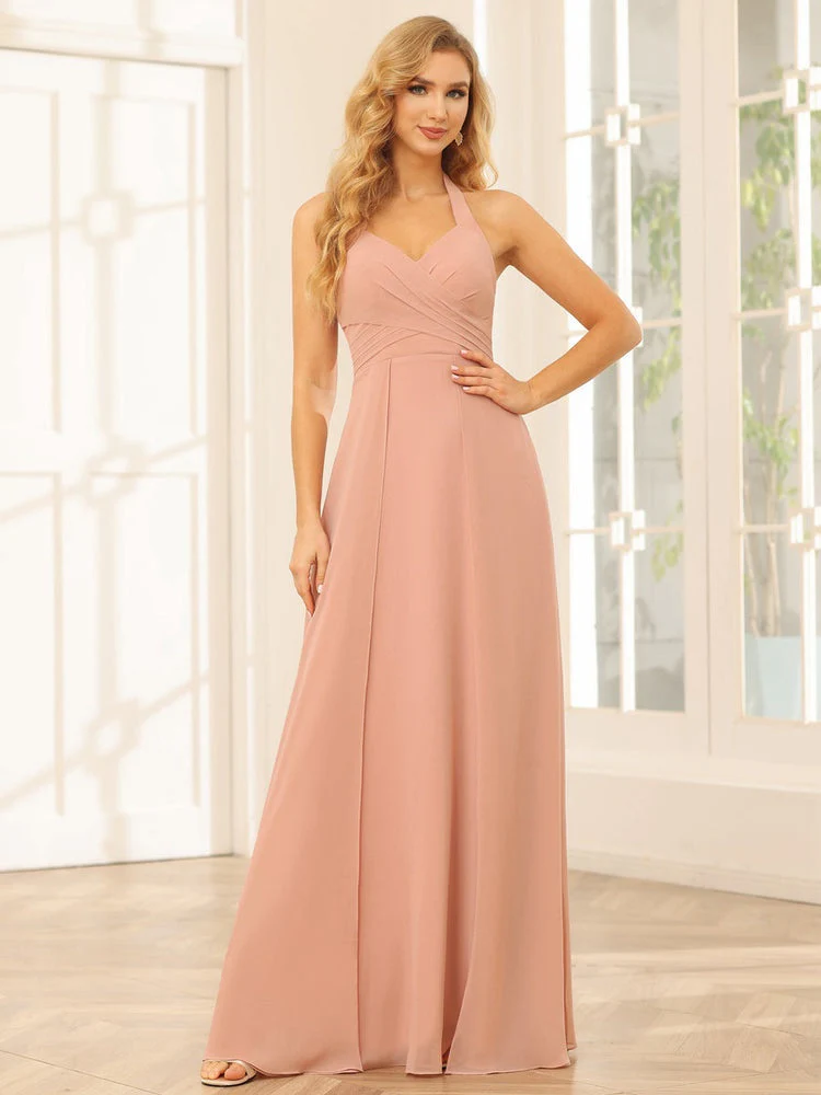 A-Line/Princess Halter Sleeveless Floor-Length Bridesmaid Dresses with Split Side - Image 6