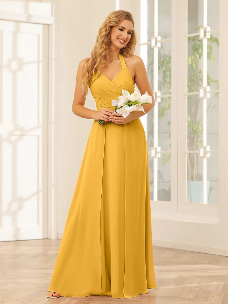 A-Line/Princess Halter Sleeveless Floor-Length Bridesmaid Dresses with Split Side - Image 71