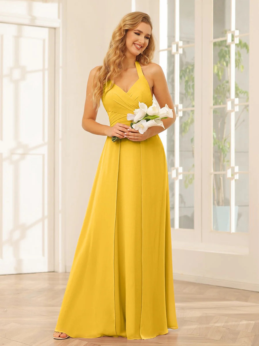 A-Line/Princess Halter Sleeveless Floor-Length Bridesmaid Dresses with Split Side - Image 72