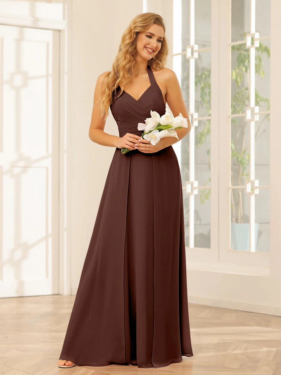 A-Line/Princess Halter Sleeveless Floor-Length Bridesmaid Dresses with Split Side - Image 77