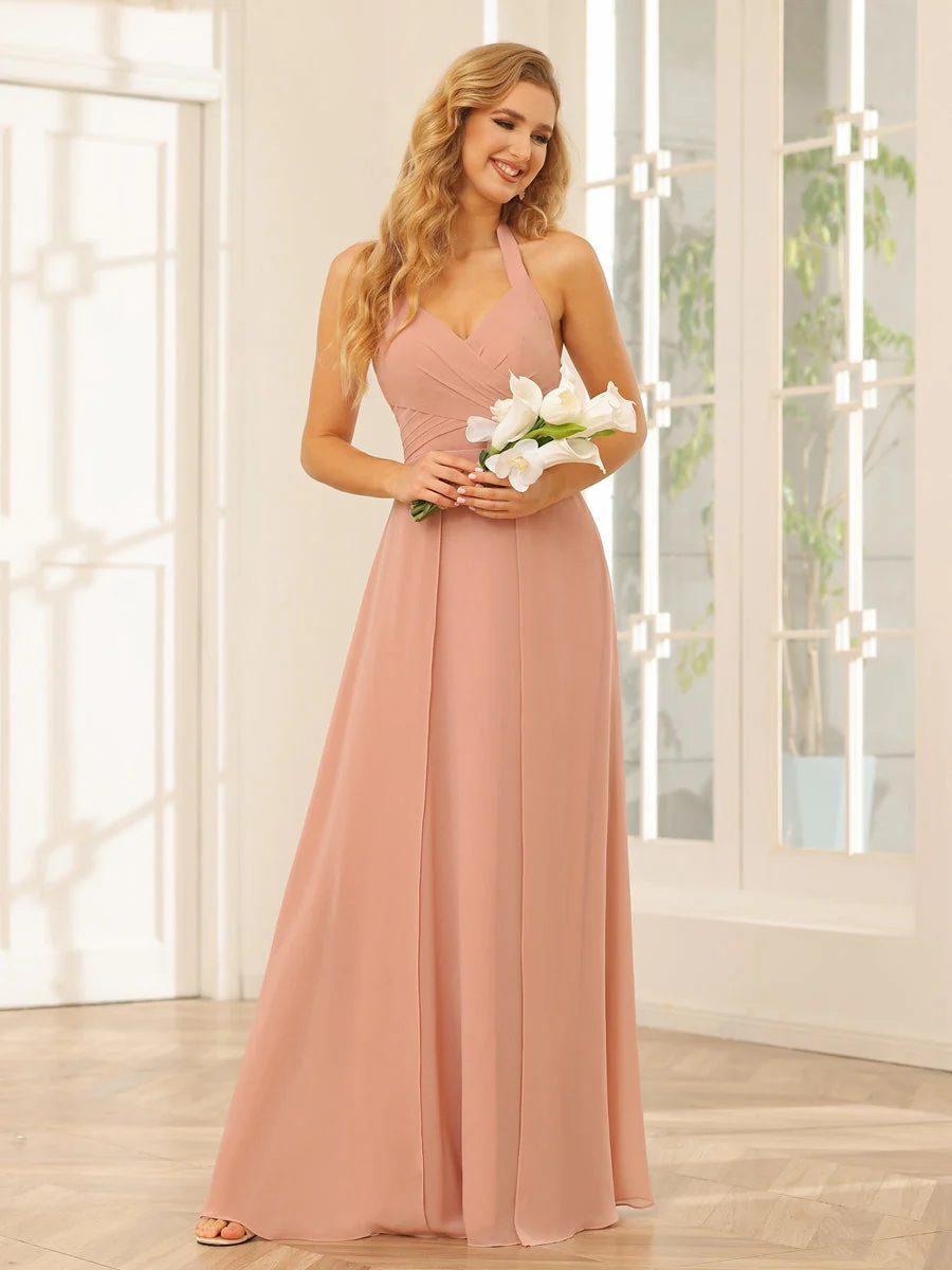 A-Line/Princess Halter Sleeveless Floor-Length Bridesmaid Dresses with Split Side - Image 8