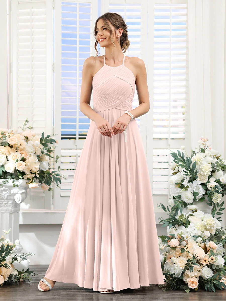 A-Line/Princess Halter Sleeveless Floor-Length Chiffon Bridesmaid Dresses with Ruched - Image 26