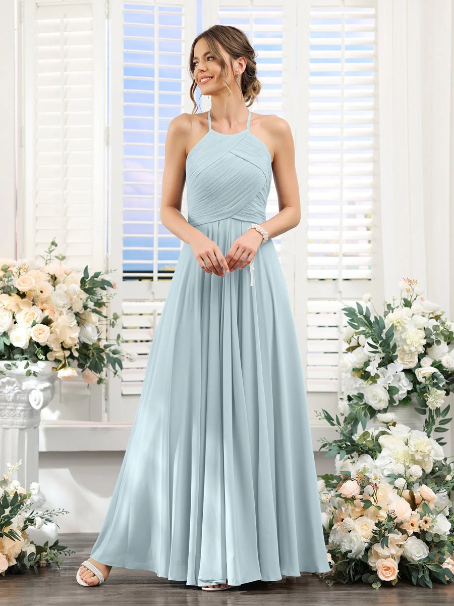 A-Line/Princess Halter Sleeveless Floor-Length Chiffon Bridesmaid Dresses with Ruched - Image 46