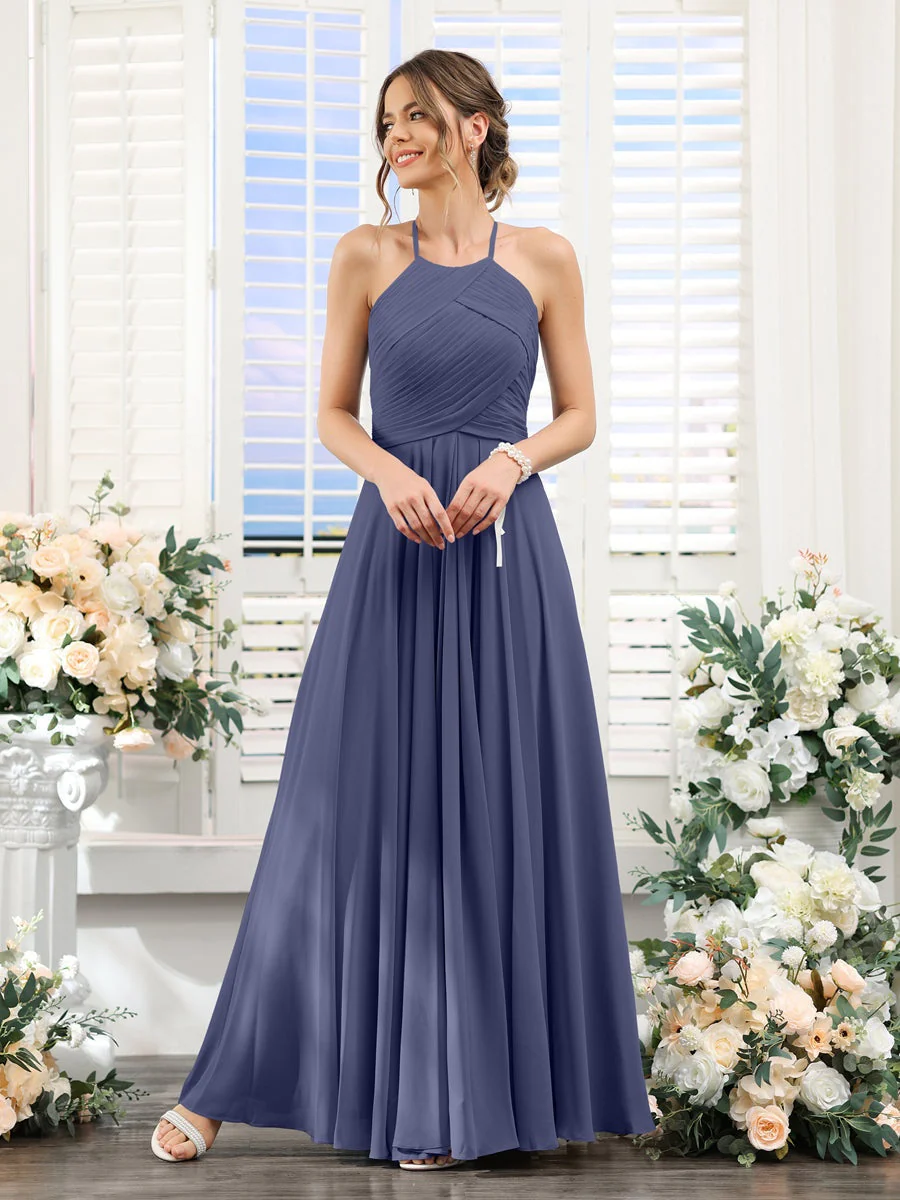 A-Line/Princess Halter Sleeveless Floor-Length Chiffon Bridesmaid Dresses with Ruched - Image 56