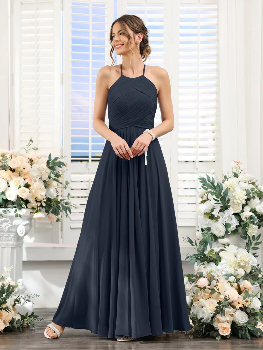 A-Line/Princess Halter Sleeveless Floor-Length Chiffon Bridesmaid Dresses with Ruched - Image 58