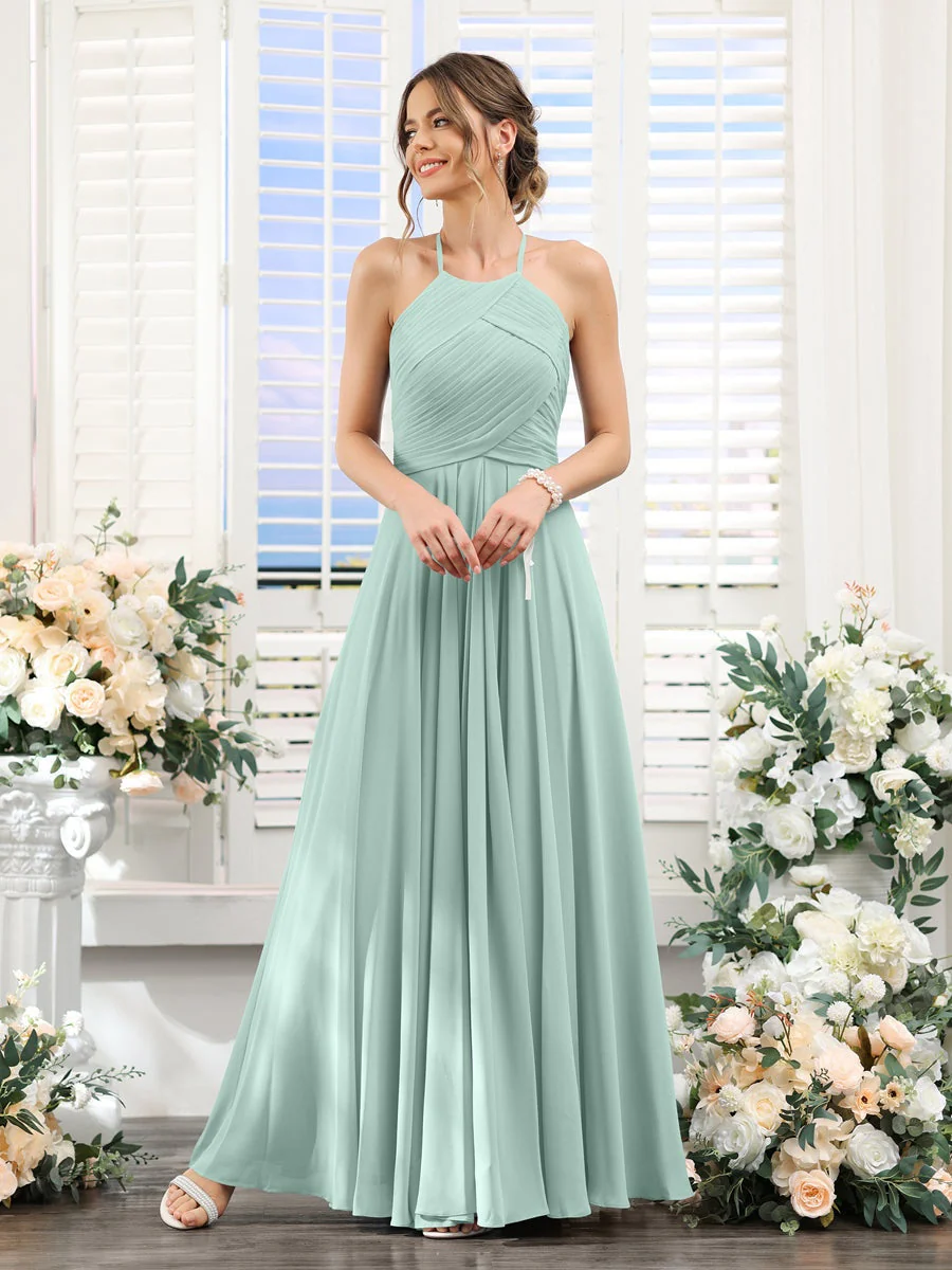 A-Line/Princess Halter Sleeveless Floor-Length Chiffon Bridesmaid Dresses with Ruched - Image 59