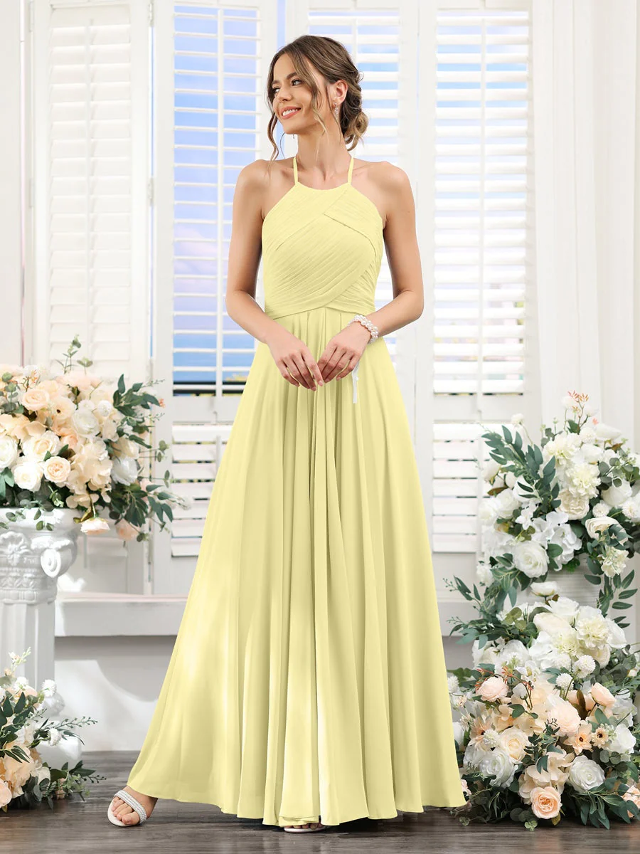 A-Line/Princess Halter Sleeveless Floor-Length Chiffon Bridesmaid Dresses with Ruched - Image 68