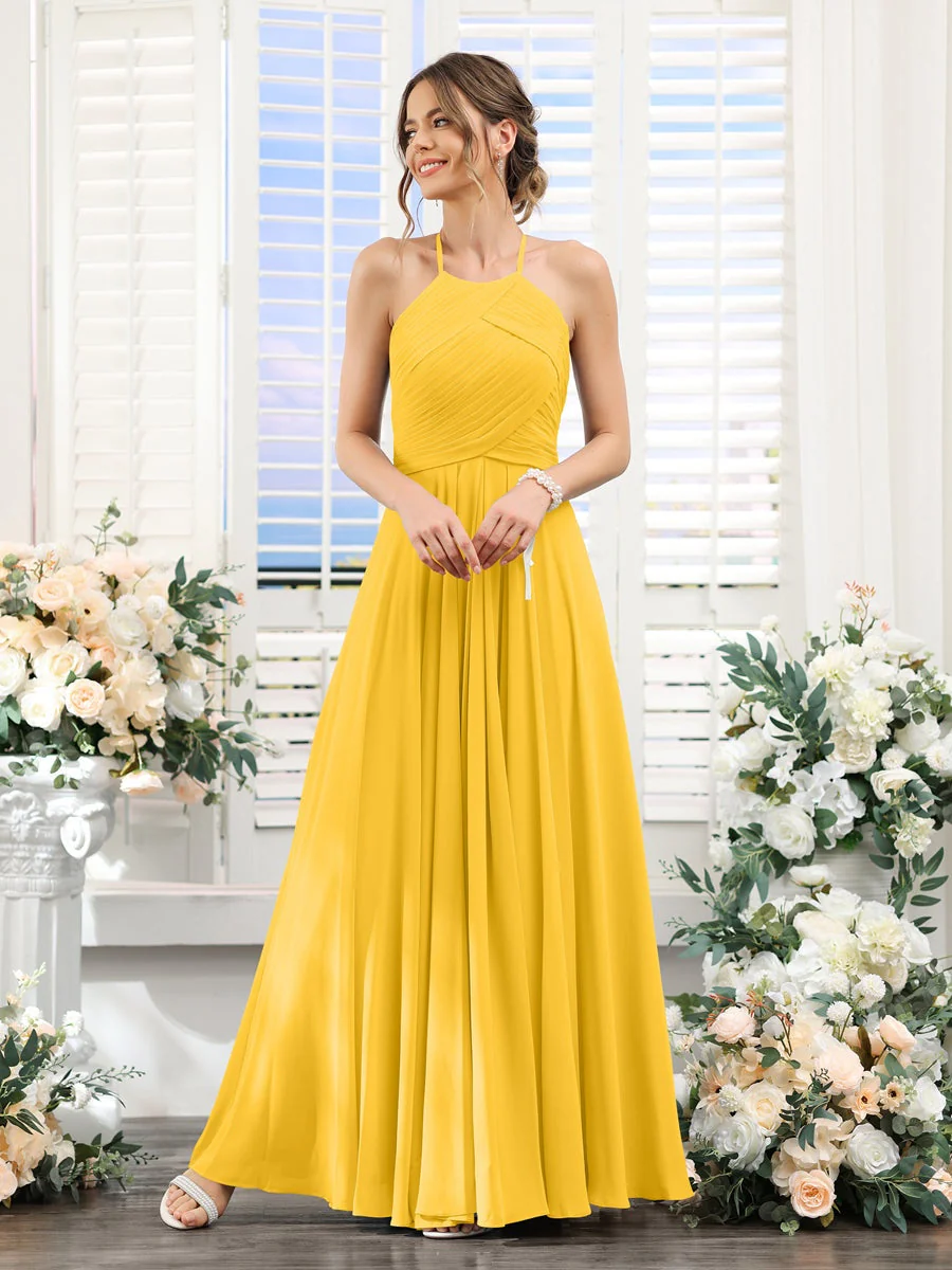 A-Line/Princess Halter Sleeveless Floor-Length Chiffon Bridesmaid Dresses with Ruched - Image 70
